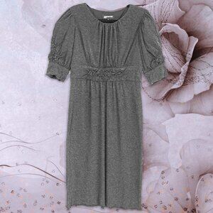 JONES NEW YORK DK HEATHERED GREY PUFF SLEEVE SHEATH DRESS WITH FLORAL GATHERS